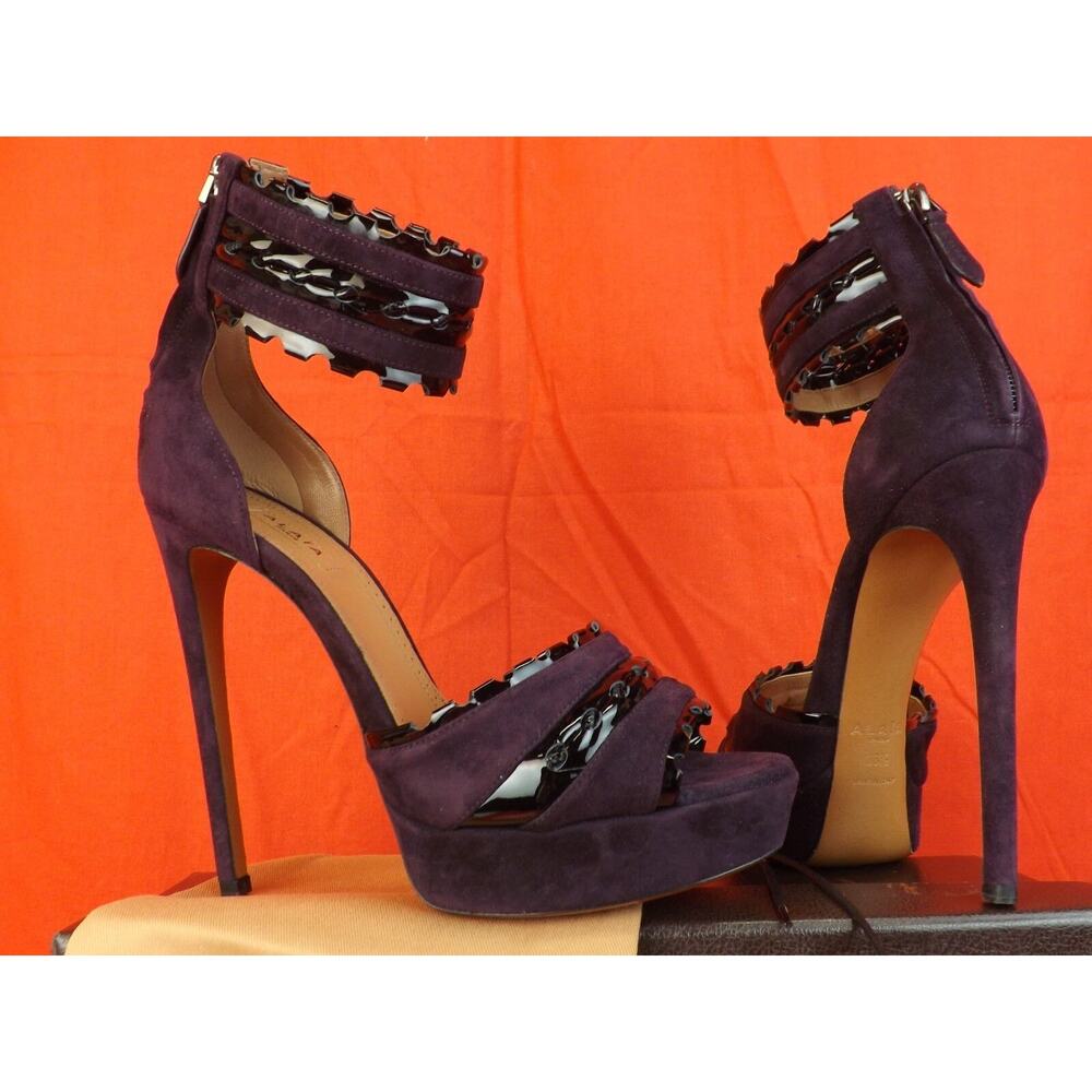ALAIA VIOLET SUEDE BLACK PATENT ANKLE STRAP PLATFORM SANDALS PUMPS 38.5 $2K